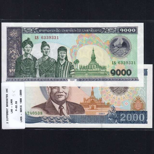 Laos - Lote de 2 Notas Diferentes - Serie 1998-2003 (Não Circuladas)