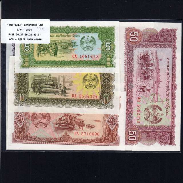 Laos - Lote de 7 Notas Diferentes - Serie 1979-1988 (Não Circuladas)