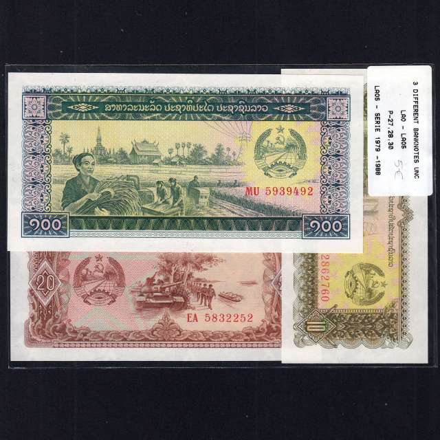 Laos - Lote de 3 Notas Diferentes - Serie 1979-1988 (Não Circuladas)