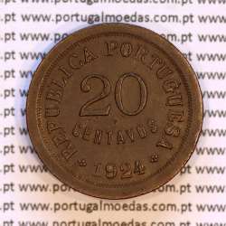 Portugal,bronze coin of 20 Centavos 1924, Twenty Centavos 1924 of Portuguese Republic, (XF), World Coins Portugal KM 574