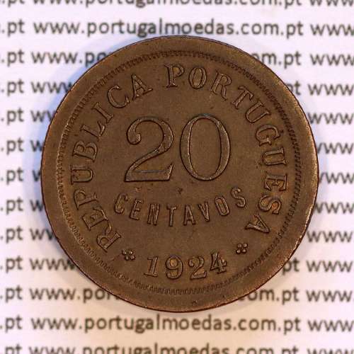 20 Centavos 1924 Bronze, ($20) Vinte centavos 1924 da Republica Portuguesa, (MBC+/Bela), World Coins Portugal KM 574