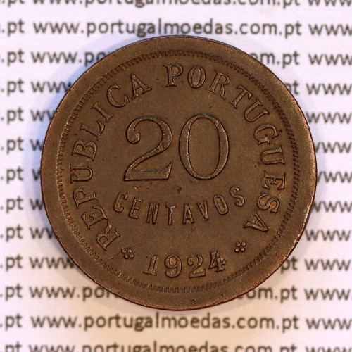 20 Centavos 1924 Bronze, ($20) Vinte centavos 1924 da Republica Portuguesa, (MBC+/Bela), World Coins Portugal KM 574