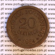 20 Centavos 1924 Bronze, ($20) Vinte centavos 1924 da Republica Portuguesa, (MBC+/Bela), World Coins Portugal KM 574