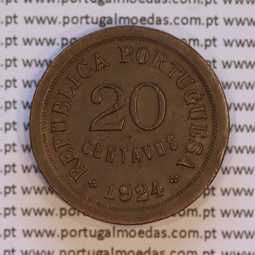 20 Centavos 1924 Bronze, Vinte centavos 1924 ($20) Republica Portuguesa, (MBC+/Bela), World Coins Portugal KM 574