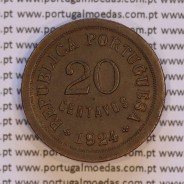 20 Centavos 1924 Bronze, Vinte centavos 1924 ($20) Republica Portuguesa, (MBC+/Bela), World Coins Portugal KM 574