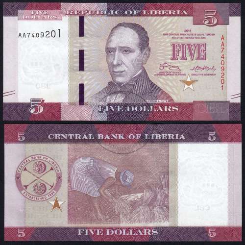 Libéria - Nota de 5 Dollars 2016 (Não Circulada) - Pick 31