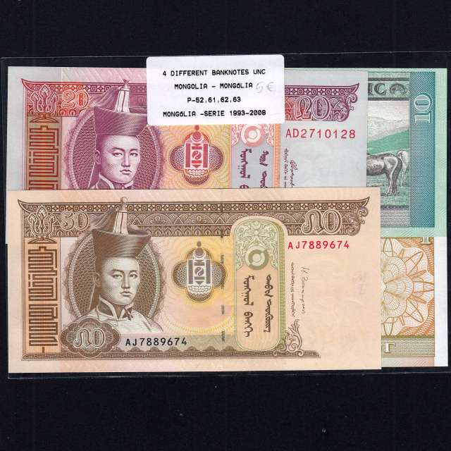 Mongólia - Lote de 4 Notas Diferentes-Serie 1993-2020 (Não Circuladas)