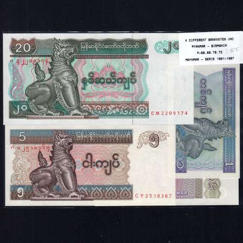 Myanmar - Lot of 4 Different Banknotes-Series 1994-1997 (Uncirculated)