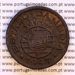 India 1 Tanga 1947 Bronze, Tanga 1947 of India Portuguese, (VF+), World Coins India Portuguese KM 24