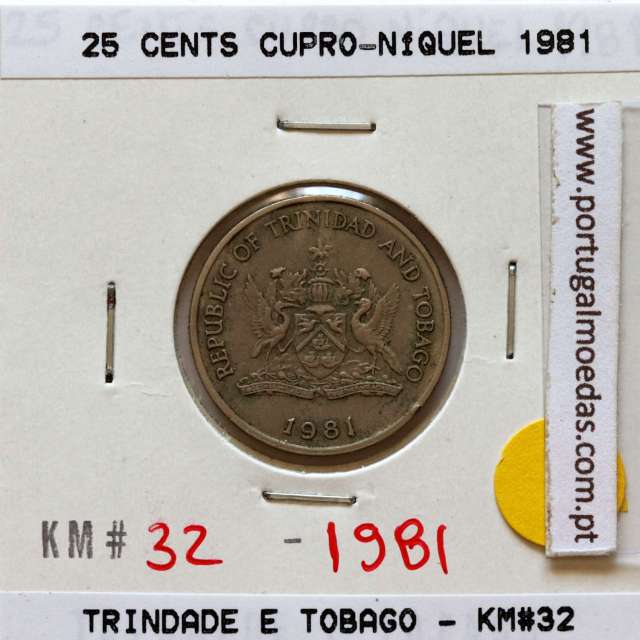 Trindade e Tobago, 25 Cents 1981 cuproníquel, (MBC), World Coins Trinidad and Tobago KM 32