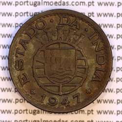 India 1 Tanga 1947 Bronze, Tanga 1947 of India Portuguese, (VF+), World Coins India Portuguese KM 24