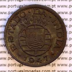 India 1 Tanga 1947 Bronze, Tanga 1947 of India Portuguese, (VF+), World Coins India Portuguese KM 24