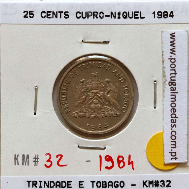 Trinidad and Tobago, 25 Cents 1984 Copper-nickel , (XF), World Coins Trinidad and Tobago KM 32