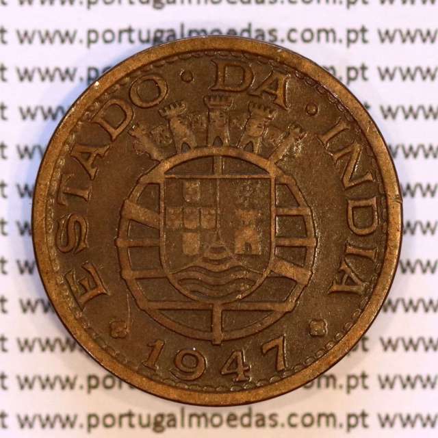 India 1 Tanga 1947 Bronze, Tanga 1947 of India Portuguese, (VF), World Coins India Portuguese KM 24