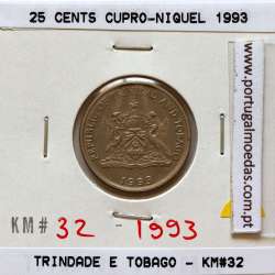 Trinidad and Tobago, 25 Cents 1993 Copper-nickel , (XF), World Coins Trinidad and Tobago KM 32