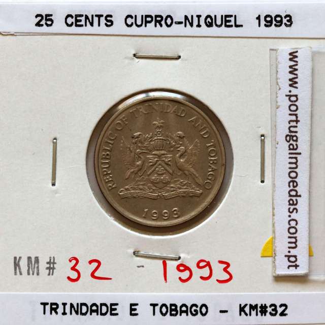 Trinidad and Tobago, 25 Cents 1993 Copper-nickel , (XF), World Coins Trinidad and Tobago KM 32