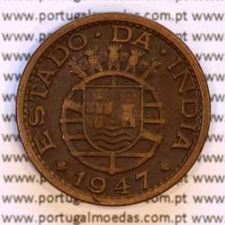 India 1 Tanga 1947 Bronze, Tanga 1947 of India Portuguese, (VF), World Coins India Portuguese KM 24