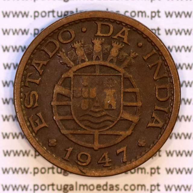 India 1 Tanga 1947 Bronze, Tanga 1947 of India Portuguese, (VF), World Coins India Portuguese KM 24