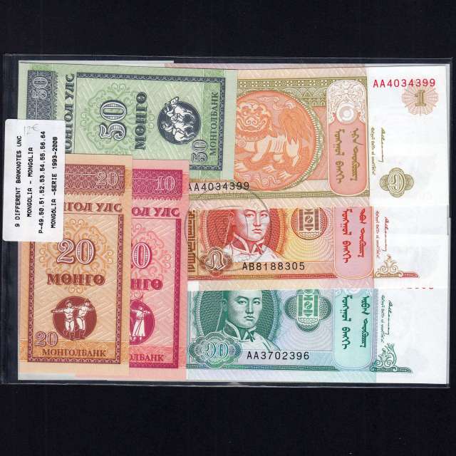 Mongólia - Lote de 9 Notas Diferentes-Serie 1993-2014 (Não Circuladas)