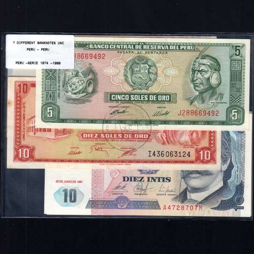 Peru - Lot of 7 Different Banknotes - Series 1969-1988 (Uncirculated)