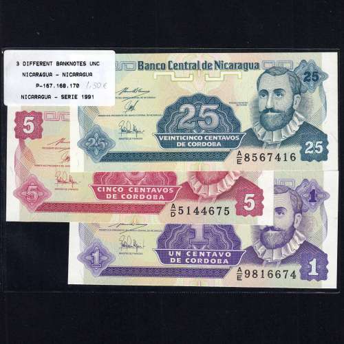 Nicarágua - Lote de 3 Notas Diferentes - Serie 1991 (Não Circuladas)