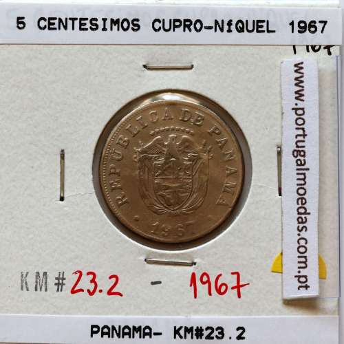 Panamá, 5 Centesimos 1967 Cupro-níquel, Cinco Centésimos 1967, (BC), World Coins Panama KM 23.2