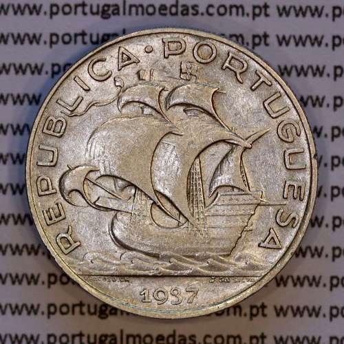 Silver coin 5 Escudos 1937 of Portugal, 5$00 Escudos 1937 silver of the Portuguese Republic, (VF+), World Coins Portugal KM 581