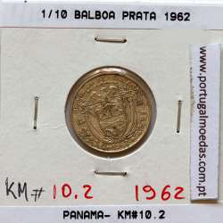 Panamá, 1/10 Balboa 1962 Prata, Decimo de Balboa 1962, (Bela), World Coins Panama KM 10.2