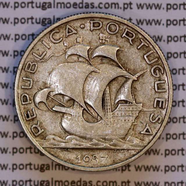 5 escudos 1937 Prata, 5$00 Escudos 1937 prata Republica Portuguesa, (MBC), World Coins Portugal KM 581