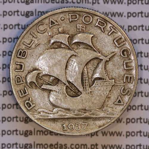 5 escudos 1937 Prata, 5$00 Escudos 1937 prata Republica Portuguesa, (MBC), World Coins Portugal KM 581