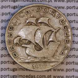 Silver coin 5 Escudos 1937 of Portugal, 5$00 Escudos 1937 silver of the Portuguese Republic, (VF), World Coins Portugal KM 581