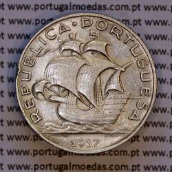 Silver coin 5 Escudos 1937 of Portugal, 5$00 Escudos 1937 silver of the Portuguese Republic, (VF), World Coins Portugal KM 581