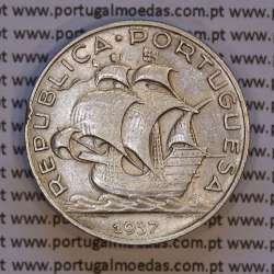 Silver coin 5 Escudos 1937 of Portugal, 5$00 Escudos 1937 silver of the Portuguese Republic, (VF), World Coins Portugal KM 581