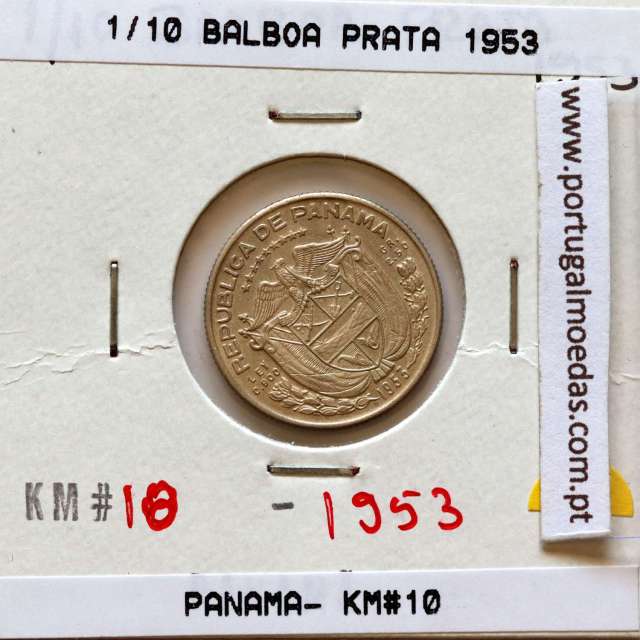 Panamá, 1/10 Balboa 1953 Prata, Decimo de Balboa 1953, (Bela), World Coins Panama KM 18
