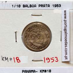 Panamá, 1/10 Balboa 1953 Prata, Decimo de Balboa 1953, (MBC), World Coins Panama KM 18