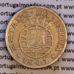 India coin 1/4 Rupia 1947 Copper-nickel, Quarter Rupee 1947 of India Portuguese, (VF-),  World Coins India Portuguese KM 25
