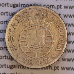 India coin 1/4 Rupia 1947 Copper-nickel, Quarter Rupee 1947 of India Portuguese, (VF-),  World Coins India Portuguese KM 25