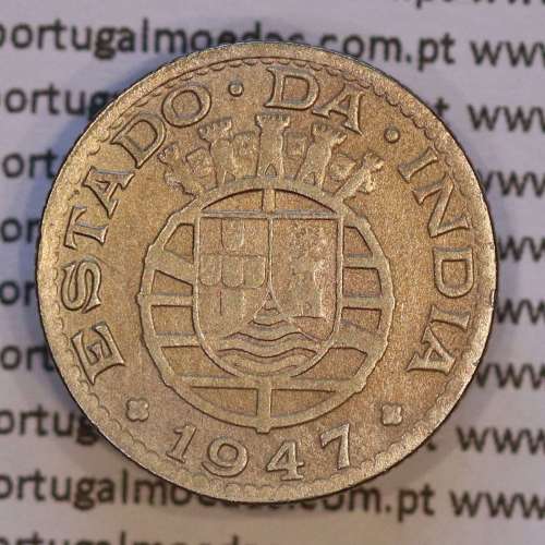 India coin 1/4 Rupia 1947 Copper-nickel, Quarter Rupee 1947 of India Portuguese, (VF-),  World Coins India Portuguese KM 25