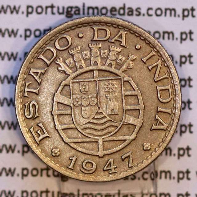 India coin 1/4 Rupia 1947 Copper-nickel, Quarter Rupee 1947 of India Portuguese, (VF+),  World Coins India Portuguese KM 25