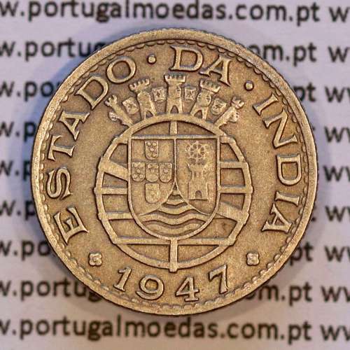 India coin 1/4 Rupia 1947 Copper-nickel, Quarter Rupee 1947 of India Portuguese, (VF+),  World Coins India Portuguese KM 25