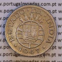 India coin 1/4 Rupia 1947 Copper-nickel, Quarter Rupee 1947 of India Portuguese, (VF),  World Coins India Portuguese KM 25