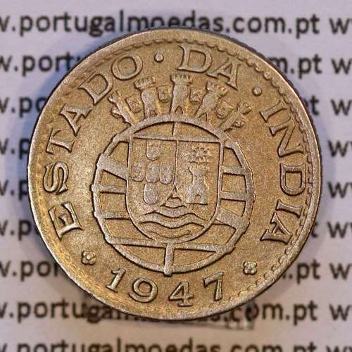 India coin 1/4 Rupia 1947 Copper-nickel, Quarter Rupee 1947 of India Portuguese, (VF),  World Coins India Portuguese KM 25