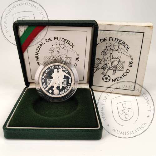 PROOF, 100$00 Escudos 1986 MÉXICO 86 prata, Estojo com moeda prata Proof 100 Escudos 1986 XIII Mundial de Futebol 86, KM 637a