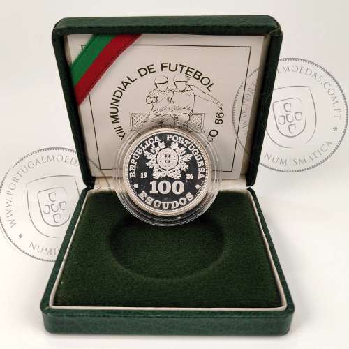 PROOF, 100$00 Escudos 1986 MÉXICO 86 prata, Estojo com moeda prata Proof 100 Escudos 1986 XIII Mundial de Futebol 86, KM 637a