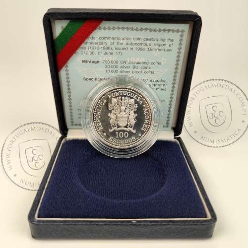 Proof, 100 Escudos 1986 X Aniversário da Autonomia Regional dos Açores, Estojo Proof e BNC,  World Coins KM 45a b