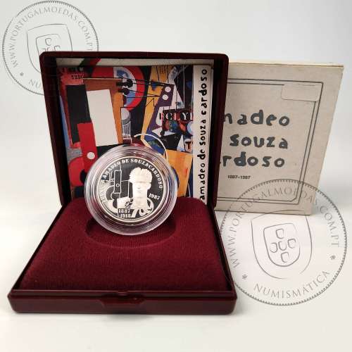 Proof 100 Escudos 1987 Amadeu Sousa Cardoso Prata, Estojo moeda prata Proof 100$00 1987 Amadeu Sousa Cardoso, Portugal KM 644a