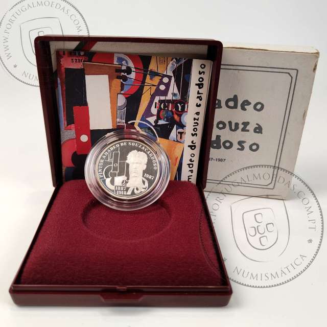 Proof 100 Escudos 1987 Amadeu Sousa Cardoso Prata, Estojo moeda prata Proof 100$00 1987 Amadeu Sousa Cardoso, Portugal KM 644a