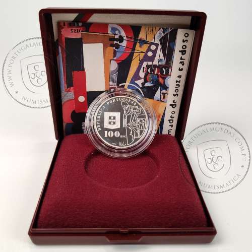 Proof 100 Escudos 1987 Amadeu Sousa Cardoso Prata, Estojo moeda prata Proof 100$00 1987 Amadeu Sousa Cardoso, Portugal KM 644a