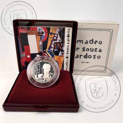 Proof 100 Escudos 1987 Amadeu Sousa Cardoso Prata, Estojo moeda prata Proof 100$00 1987 Amadeu Sousa Cardoso, Portugal KM 644a