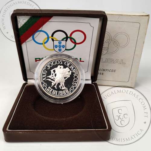 Proof 250 Escudos 1988 XXIV Jogos Olímpicos Seul, Estojo moeda prata Proof 250$00 1988 XXIV Jogos Olímpicos, Portugal KM 643a